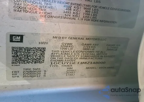 2021 Chevrolet Silverado K1500 Ltz z USA, uszkodzony, nr VIN 1GCUYGET4MZ148000